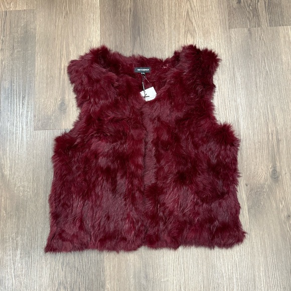 525 America Womens Rabbit Fur Open Front Casual Vest Burgundy - Picture 4 of 5
